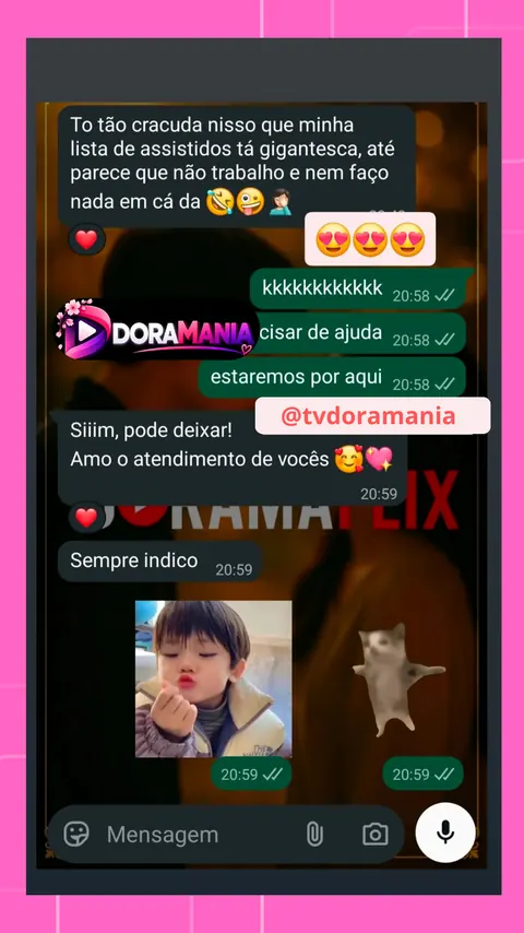 Cliente comentando a lista gigante de doramas assistidos e elogiando o atendimento